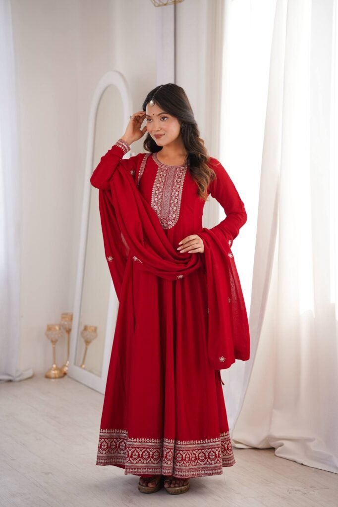 Red Embroidered Anarkali Suit with Dupatta - Photo 3