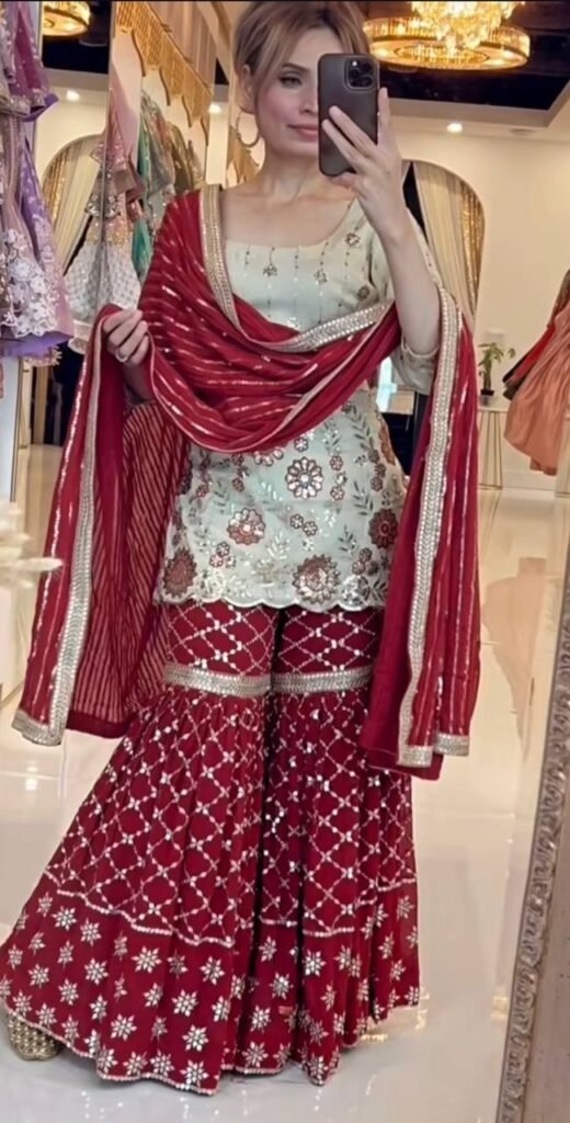 Designer Chinon Silk Embroidered Sharara Suit - Photo 1