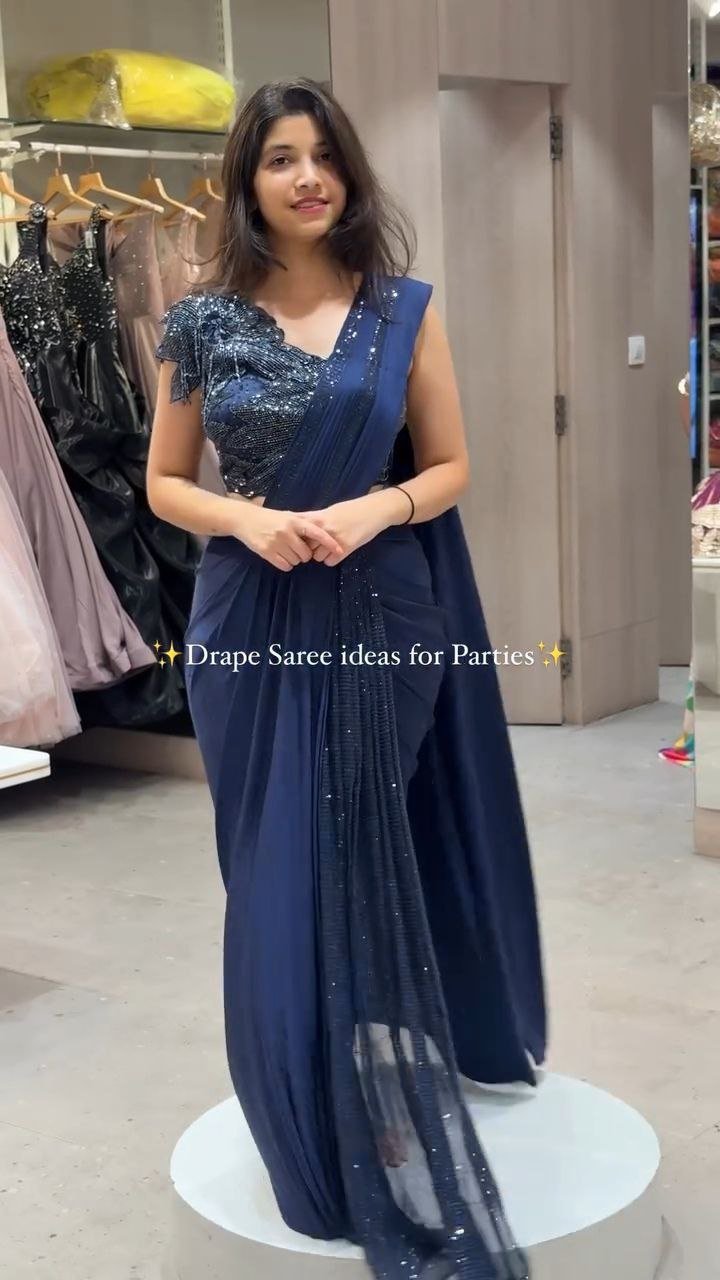 Midnight Blue Sequin Drape Saree with Designer Blouse