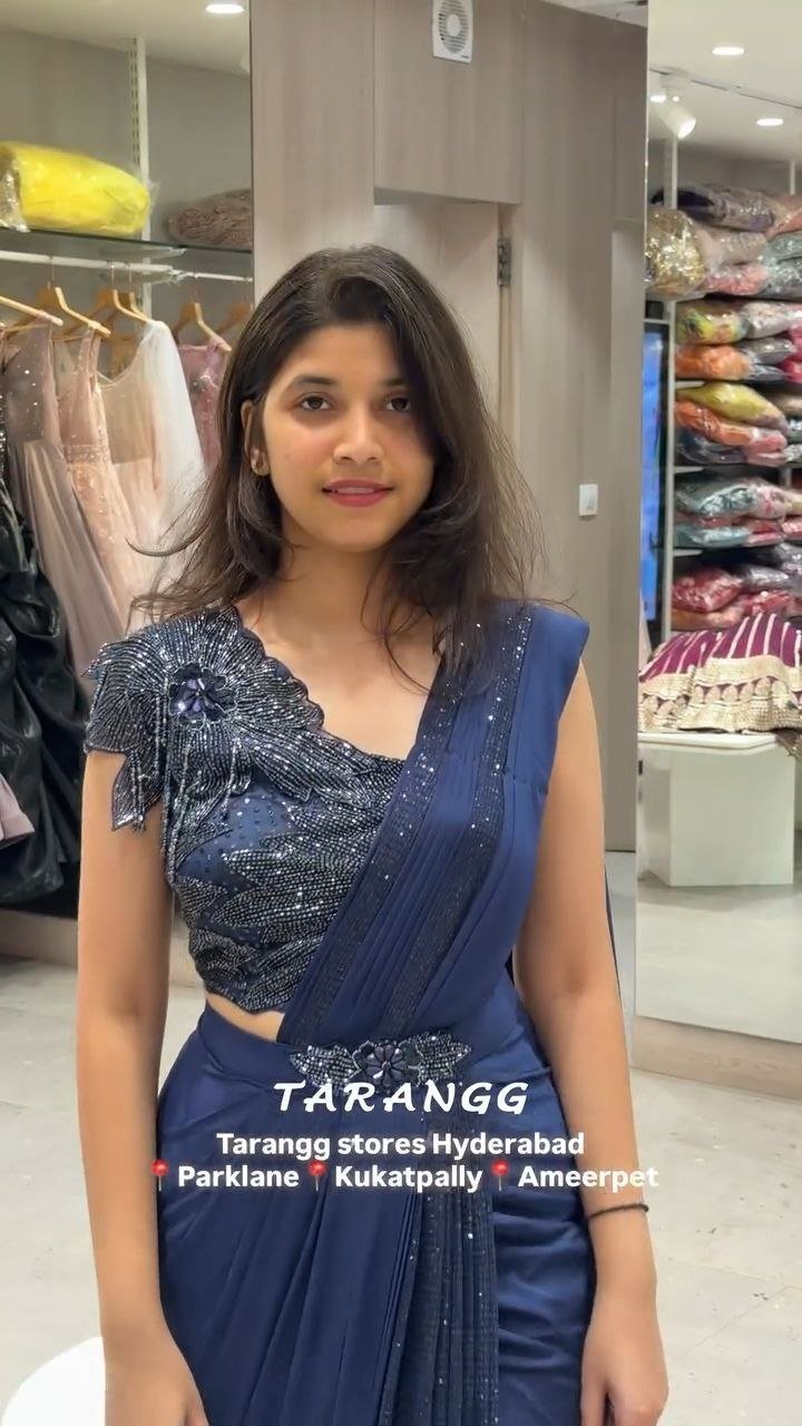 Midnight Blue Sequin Drape Saree with Designer Blouse - Image 3