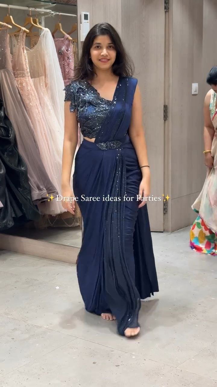 Midnight Blue Sequin Drape Saree with Designer Blouse - Image 2