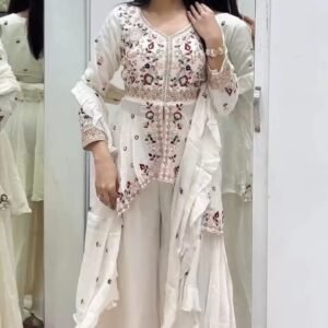Ivory Embroidered Peplum Kurta with Sharara and Dupatta Set