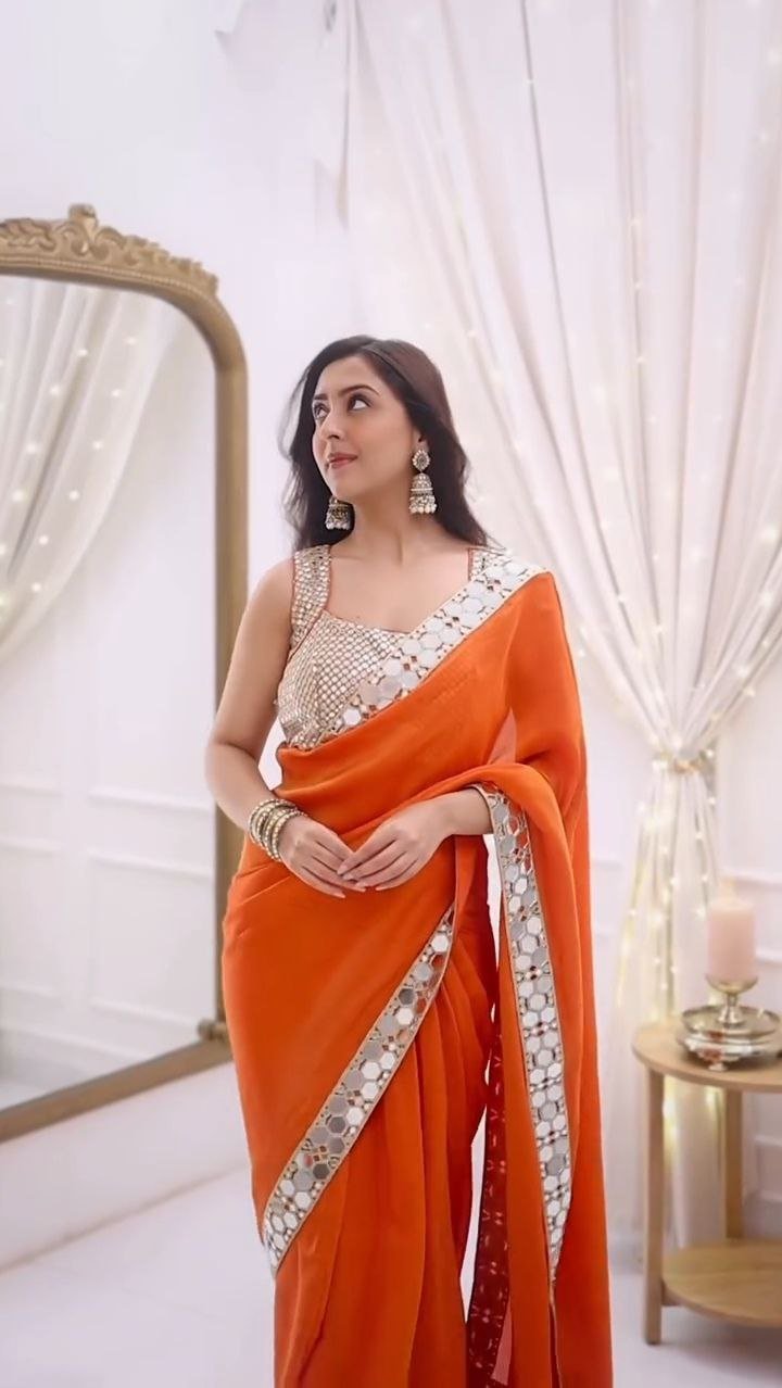 Orange Mirror Work Designer Saree with Embellished Blouse