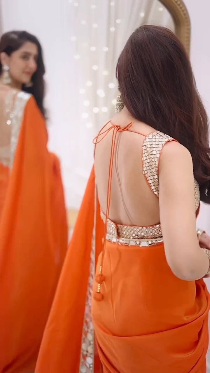 Orange Mirror Work Designer Saree with Embellished Blouse - Image 5