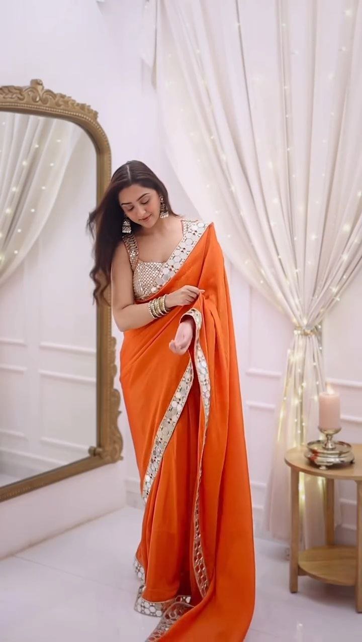 Orange Mirror Work Designer Saree with Embellished Blouse - Image 8