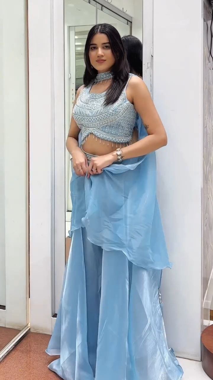 Ice Blue Embellished Crop Top with Palazzo & Dupatta Set - Image 4