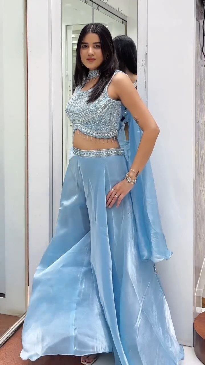 Ice Blue Embellished Crop Top with Palazzo & Dupatta Set - Image 5