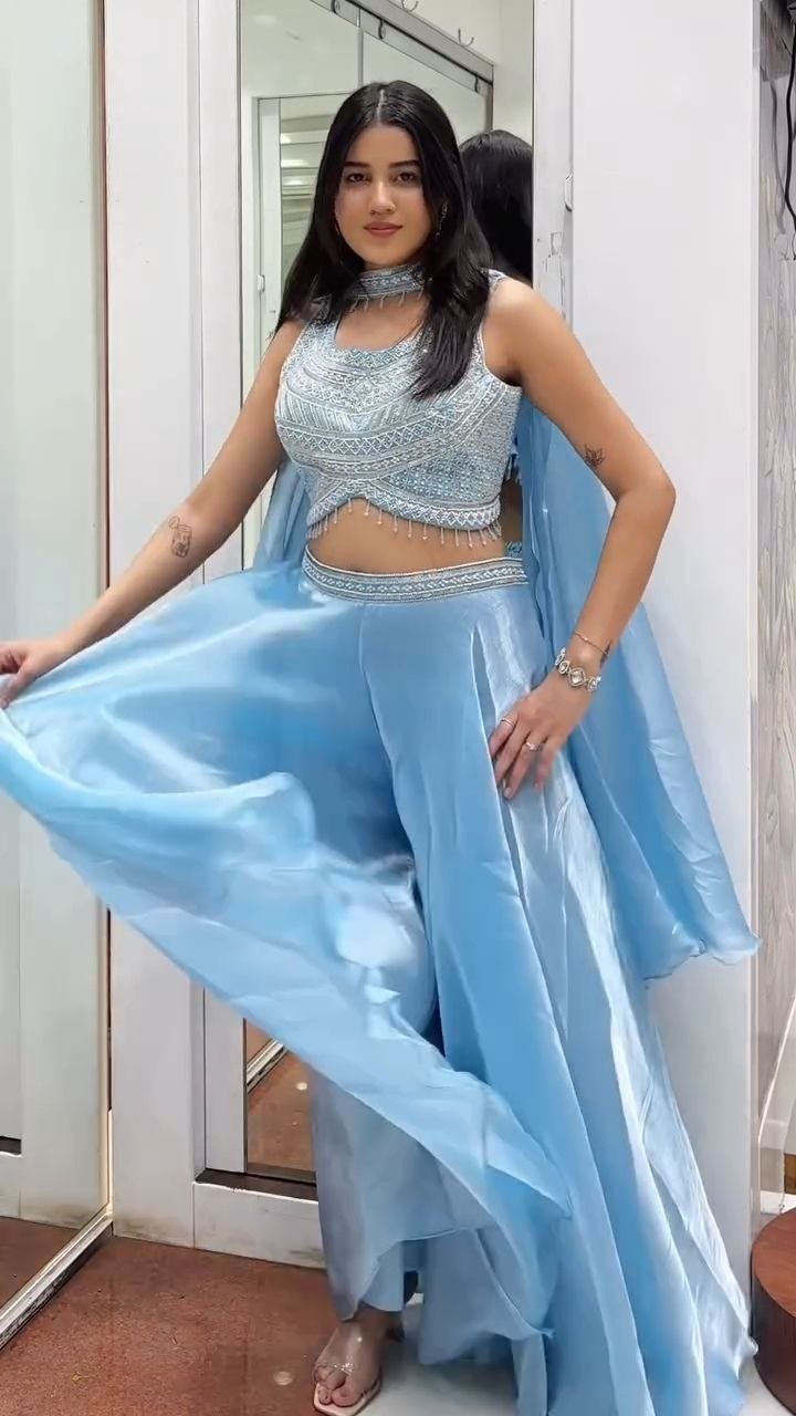 Ice Blue Embellished Crop Top with Palazzo & Dupatta Set - Image 6