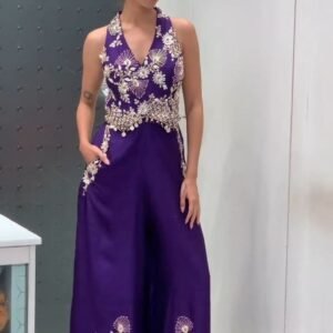 Royal Purple Embellished Halter Neck Jumpsuit