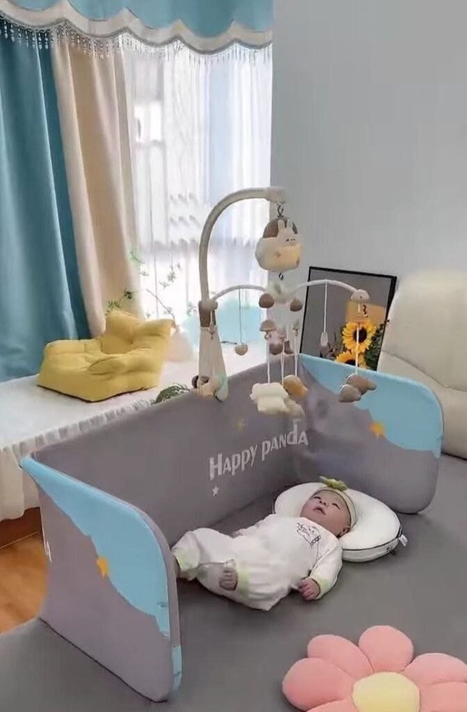 Happy Panda Soft Baby Playpen with Padded Mat and Hanging Mobile - Photo 1