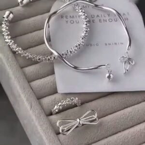 Elegant Bow Charm Silver Bracelet & Ring Set