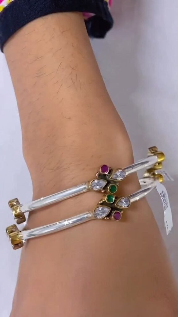 Dual-Tone Stone-Studded Open Cuff Bracelet - Photo 1
