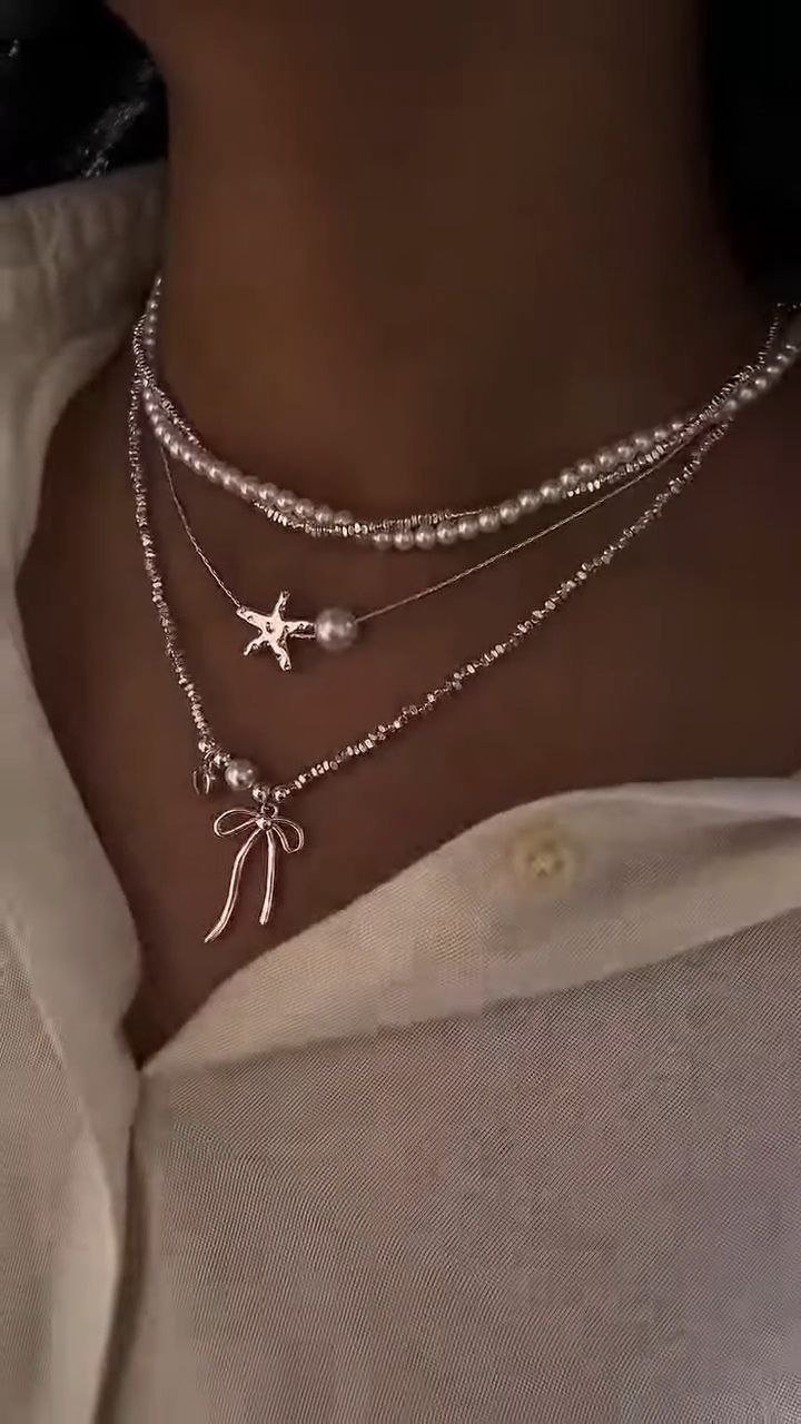 Layered Pearl & Bow Charm Necklace - Image 2