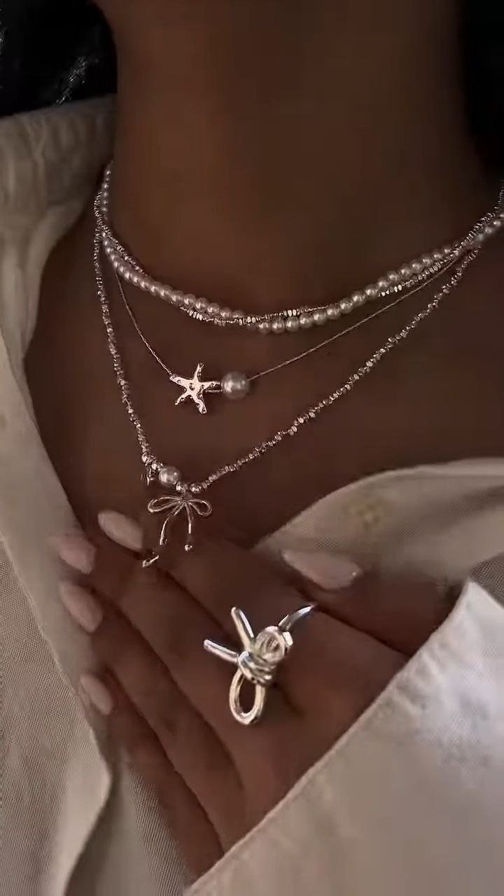 Layered Pearl & Bow Charm Necklace - Image 3