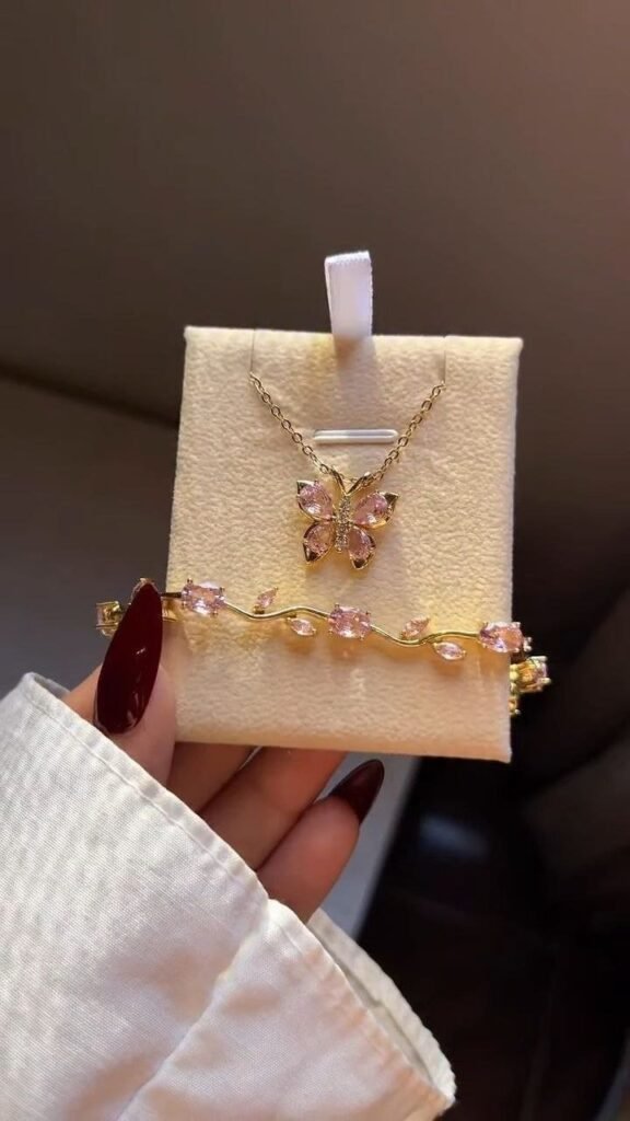 Crescent Pendant Necklace with Pink Crystal Bracelet Set - Photo 1