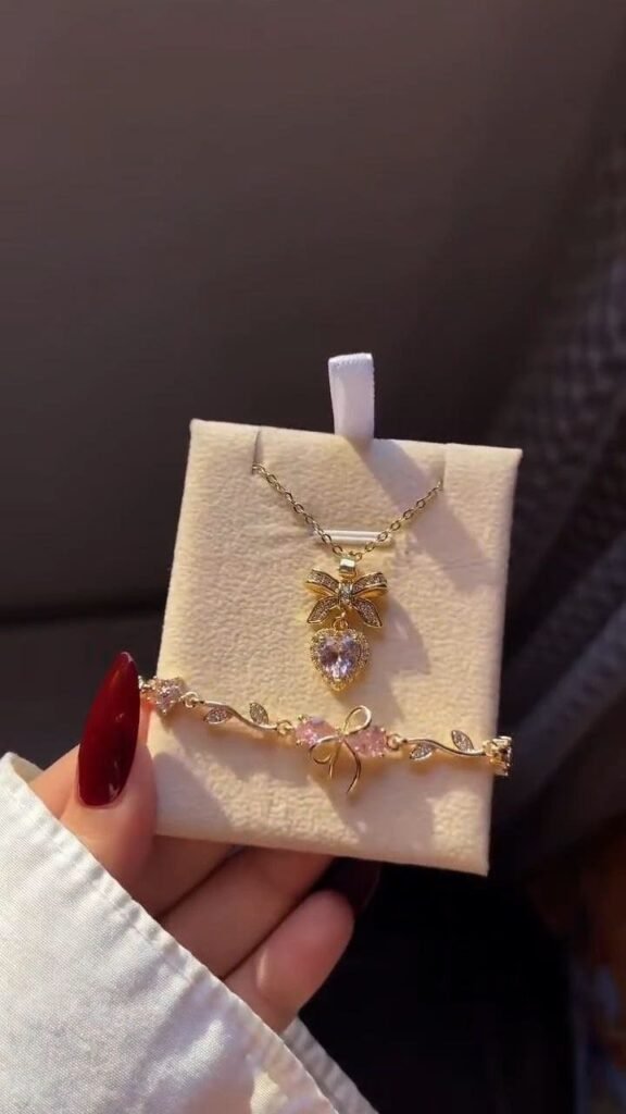 Crescent Pendant Necklace with Pink Crystal Bracelet Set - Photo 5