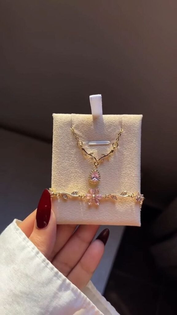Crescent Pendant Necklace with Pink Crystal Bracelet Set - Photo 6