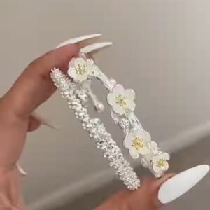 Floral Crystal Silver Open Cuff Bracelet