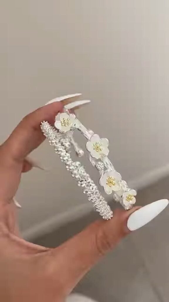 Floral Crystal Silver Open Cuff Bracelet - Photo 1
