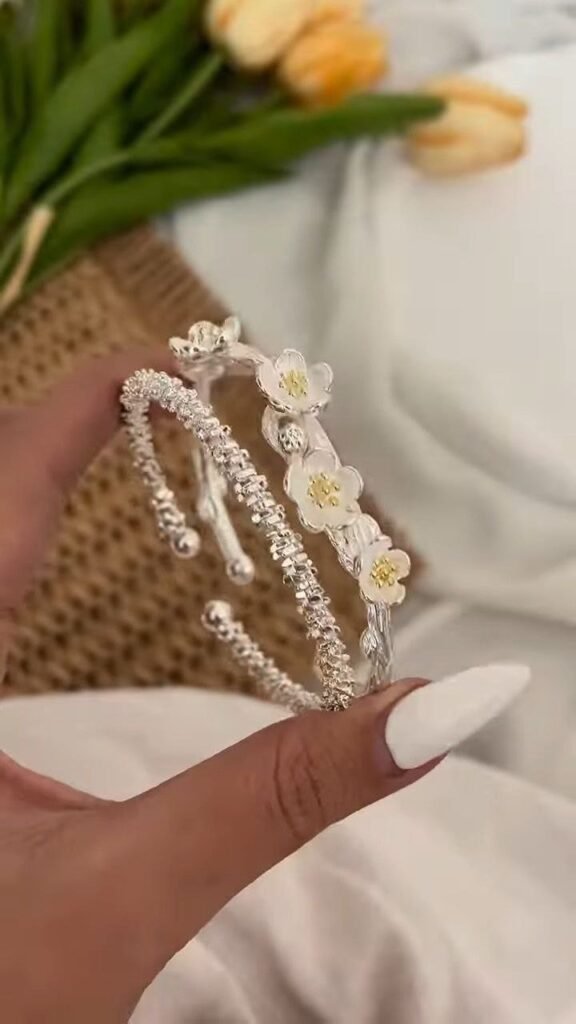 Floral Crystal Silver Open Cuff Bracelet - Photo 2