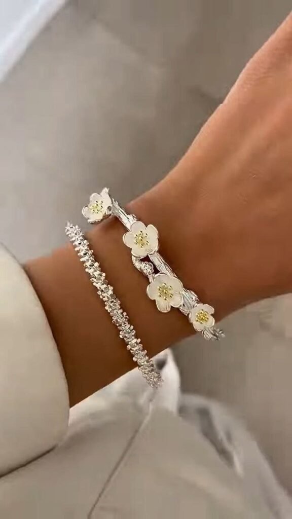 Floral Crystal Silver Open Cuff Bracelet - Photo 3