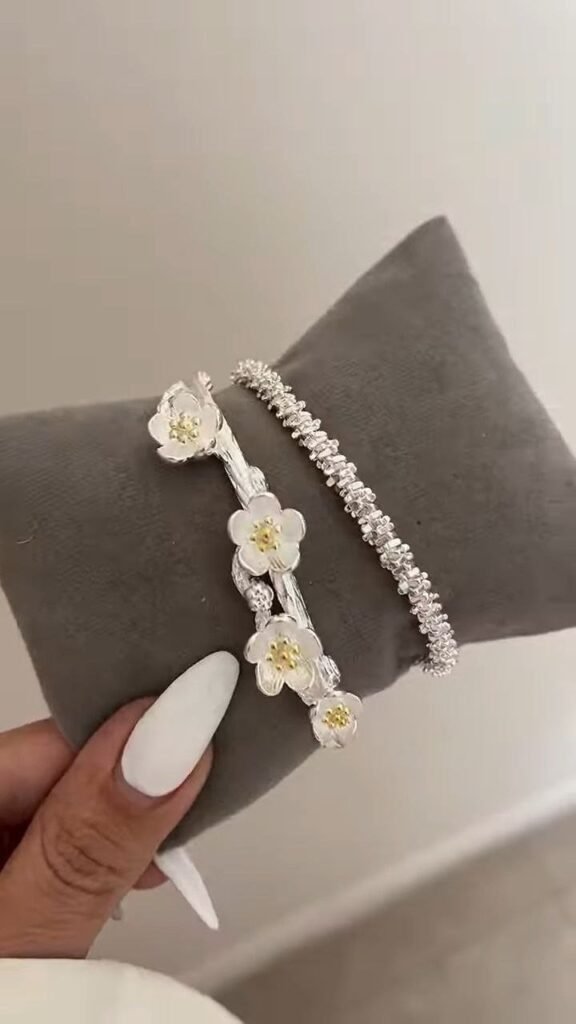 Floral Crystal Silver Open Cuff Bracelet - Photo 4