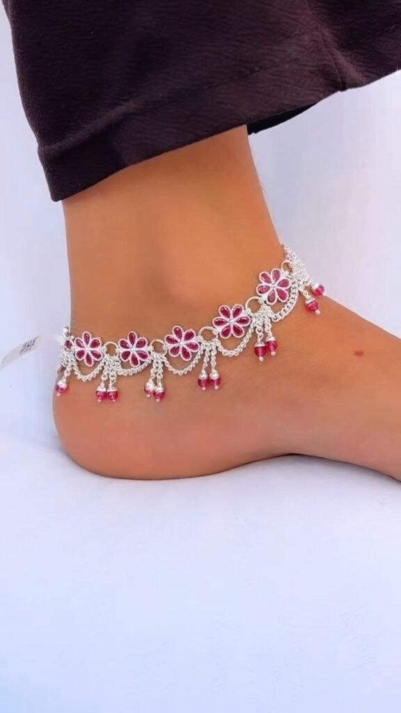 Floral Ruby-Tone Silver Anklet with Dangling Beads - Photo 1