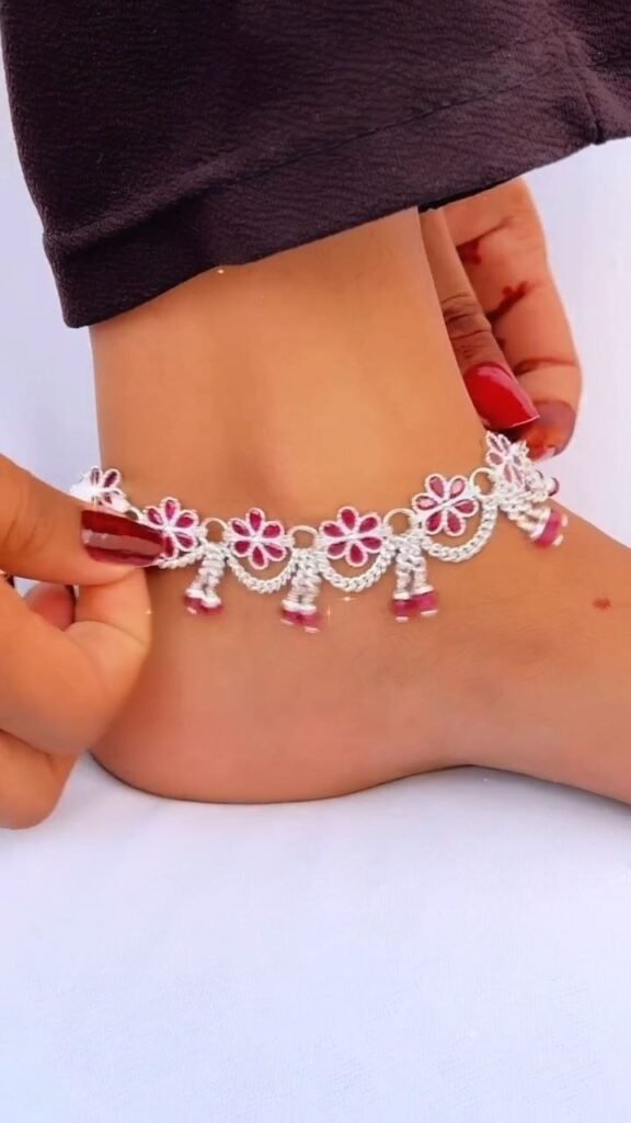 Floral Ruby-Tone Silver Anklet with Dangling Beads - Photo 2