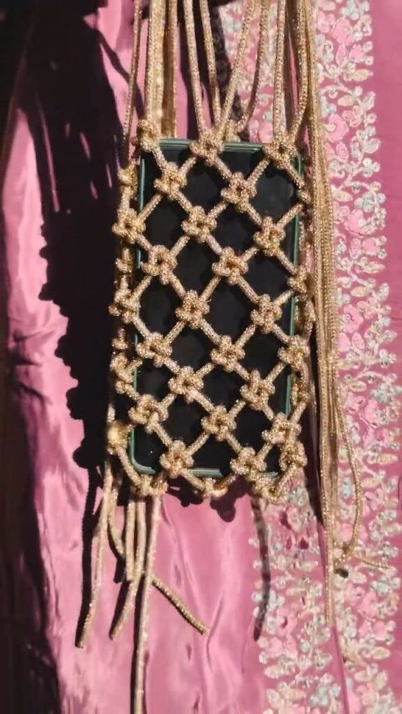 Gold Beaded Phone Sling Pouch with Knotted Net Design - Photo 3