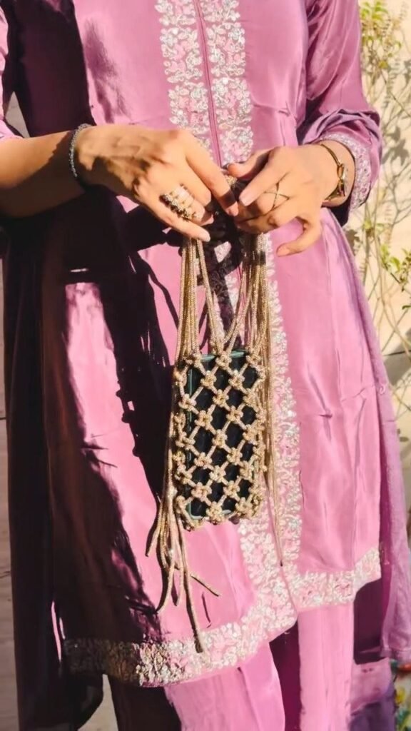 Gold Beaded Phone Sling Pouch with Knotted Net Design - Photo 1