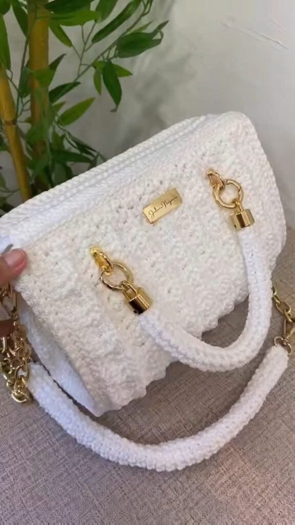 Handcrafted Crochet White Shoulder Bag with Gold Hardware - Photo 2