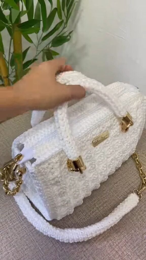 Handcrafted Crochet White Shoulder Bag with Gold Hardware - Photo 1