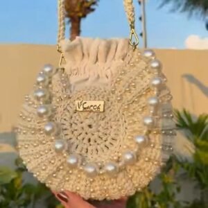Handcrafted Crochet Pearl Bucket Bag with Drawstring