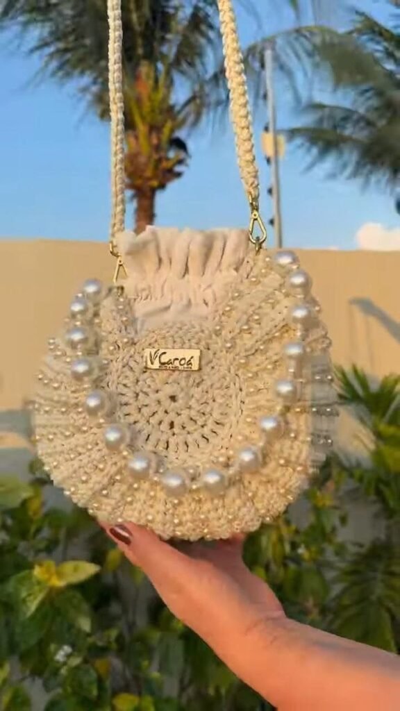 Handcrafted Crochet Pearl Bucket Bag with Drawstring - Photo 1