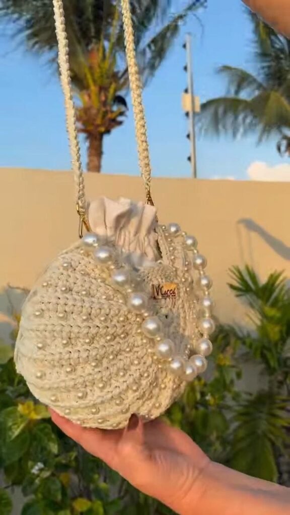 Handcrafted Crochet Pearl Bucket Bag with Drawstring - Photo 3