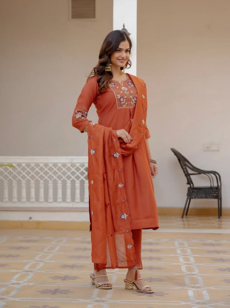 Pure Viscose Mango Silk Embroidered Kurta Set - Photo 4