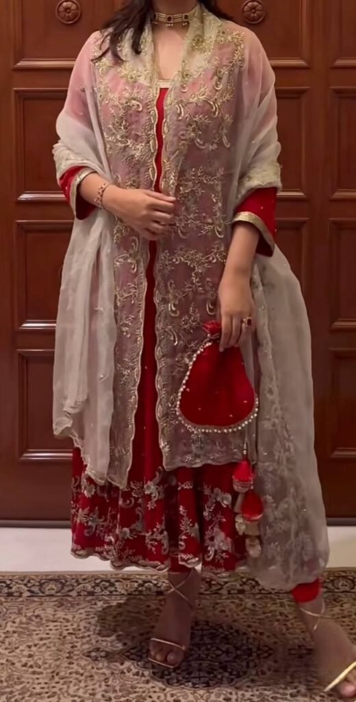 Red Embroidered Anarkali Suit with Organza Dupatta - Photo 3
