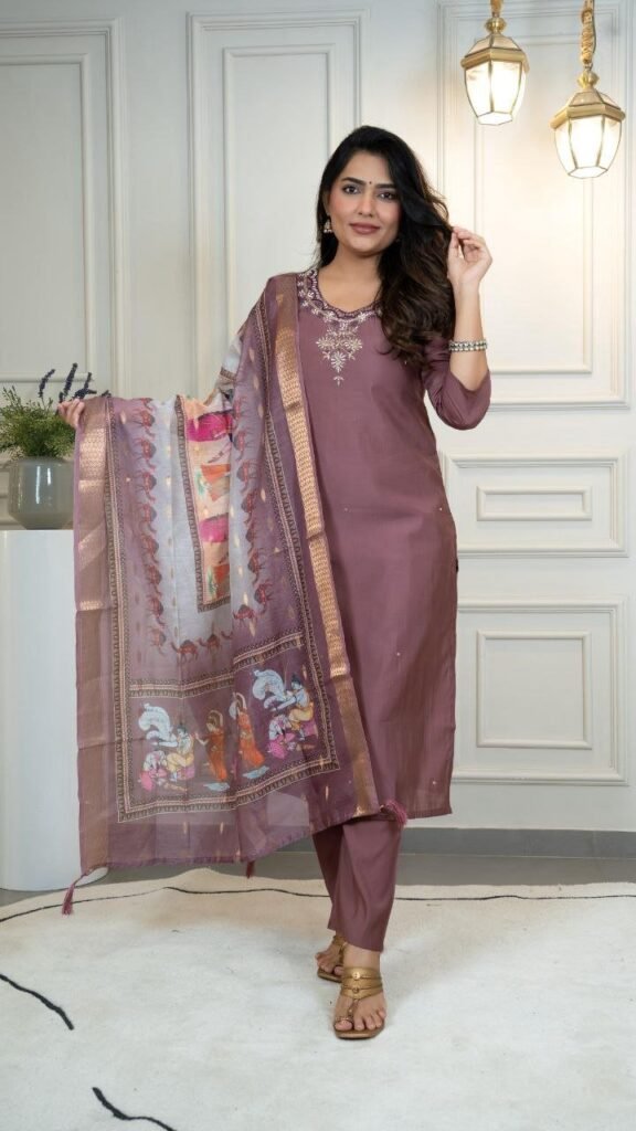 Elegant Mauve Straight Kurta Suit with Printed Dupatta - Photo 3