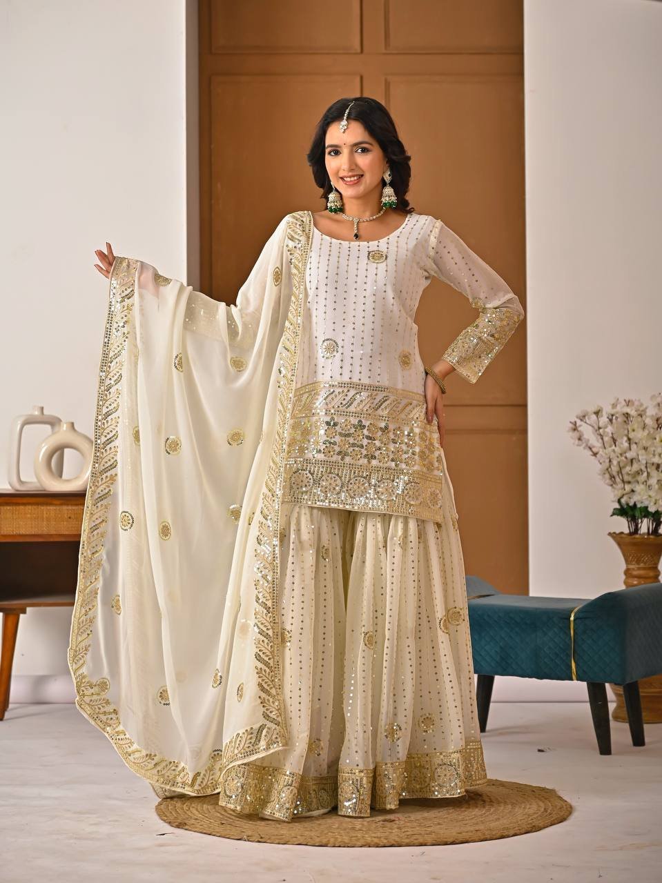 Ivory Embroidered Kurta with Flared Sharara and Dupatta Set - Image 4