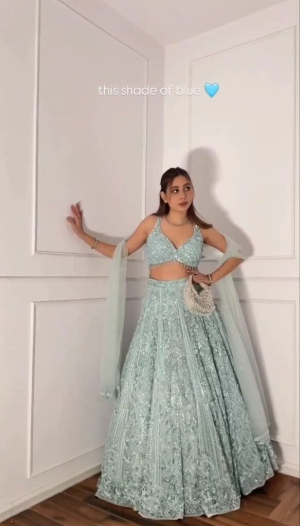 Sky Blue Sequins and Resham Embroidered Net Lehenga Choli Set - Photo 4