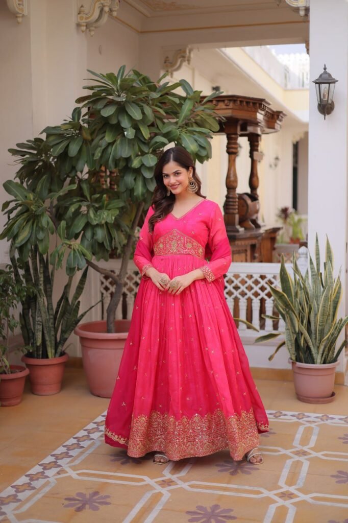 Rani Pink Embroidered Anarkali Gown for Festive & Wedding Wear - Photo 1