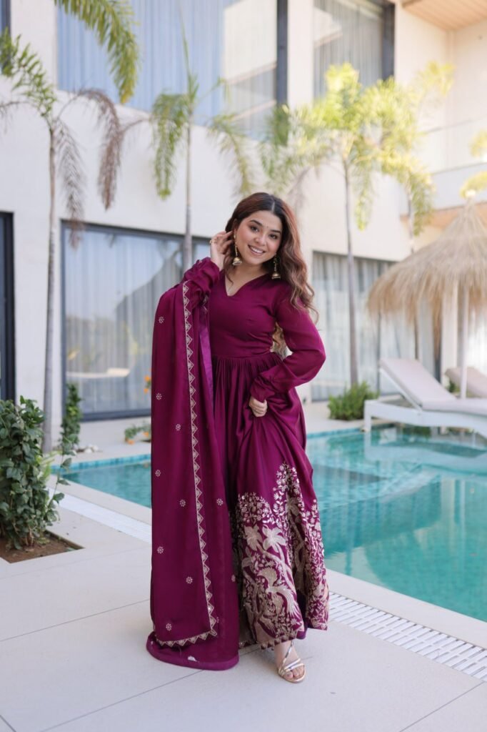 Wine Purple Embroidered Anarkali Gown with Dupatta - Photo 1