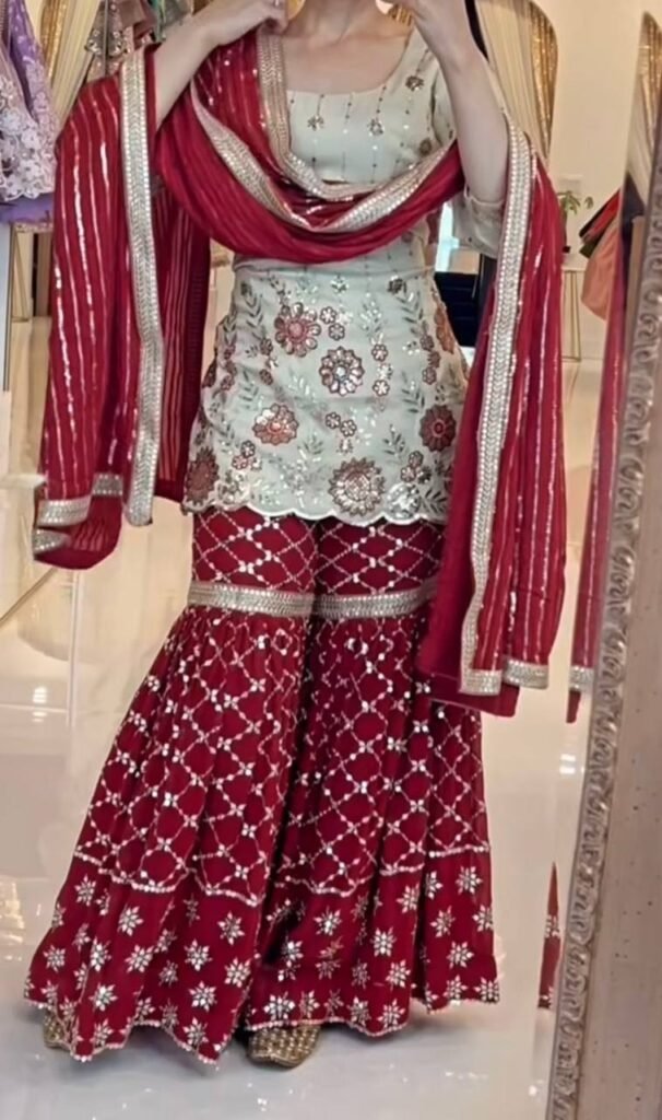Designer Chinon Silk Embroidered Sharara Suit - Photo 3