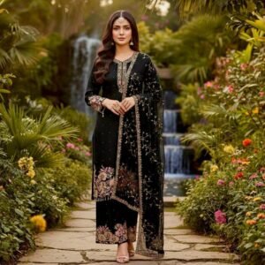 Black Faux Georgette Heavy Embroidered Pakistani Salwar Kameez Suit Set