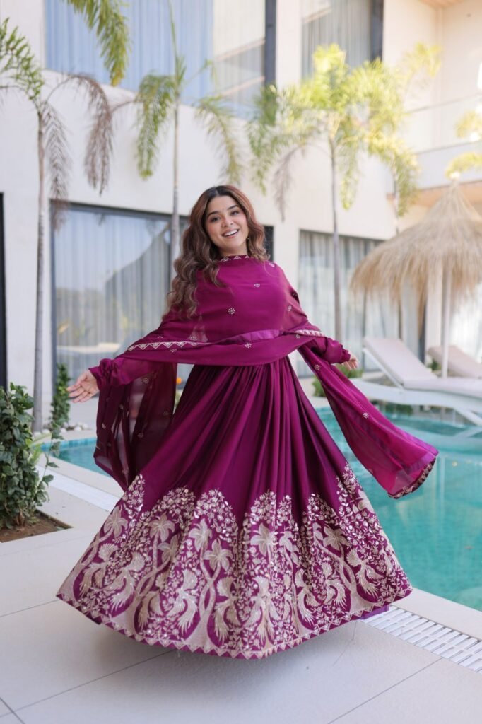 Wine Purple Embroidered Anarkali Gown with Dupatta - Photo 2