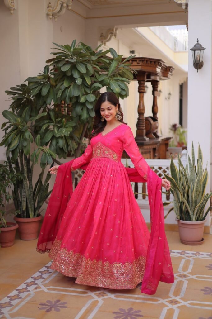Rani Pink Embroidered Anarkali Gown for Festive & Wedding Wear - Photo 2