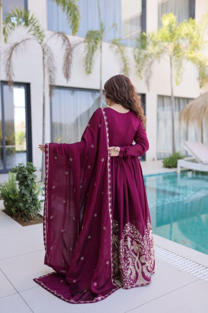 Wine Purple Embroidered Anarkali Gown with Dupatta - Photo 3