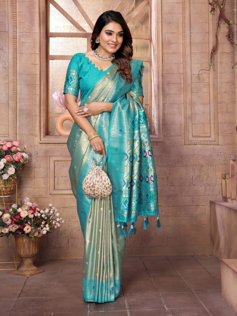 Teal Blue Color Banarsi Silk Saree - Photo 3