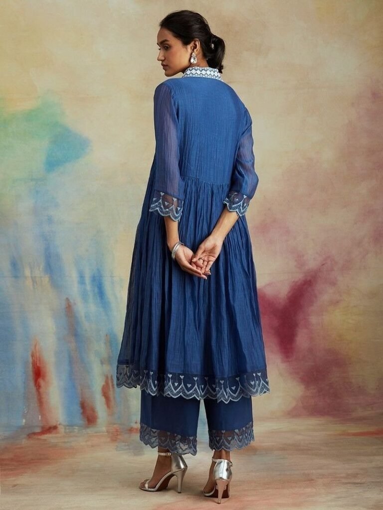 Blue Embroidered Chanderi Gathered Kurta with Cotton Pants - Photo 4