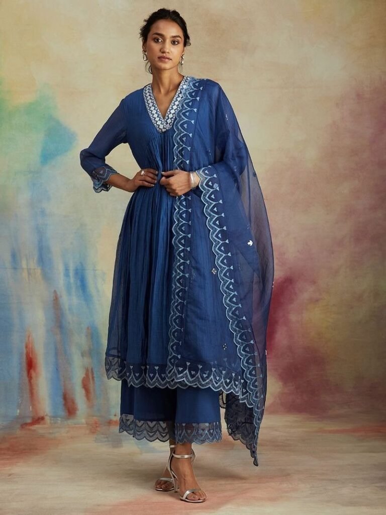 Blue Embroidered Chanderi Gathered Kurta with Cotton Pants - Photo 5